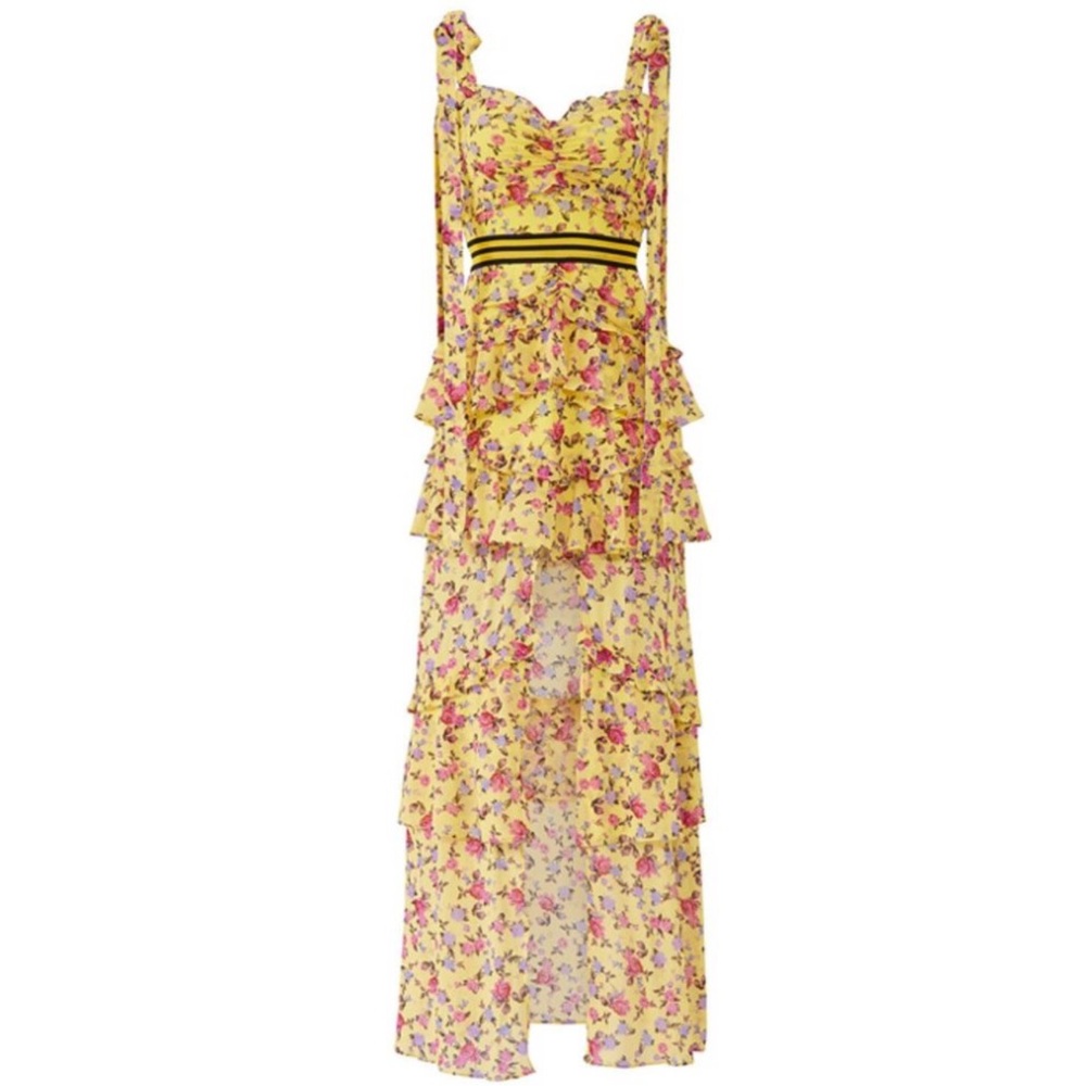 For Love and Lemons Maison Floral Yellow Ruffle Maxi silk blend Dress